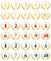 ランキングアイコンセット。金、赤、青の3種類のカラーと、1〜10までの数字。白背景にベクターイラスト。