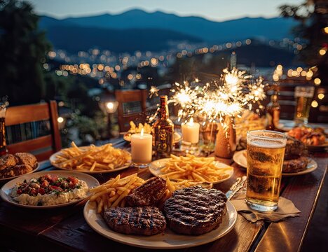 Outdoor dining experience at dusk with fireworks and food