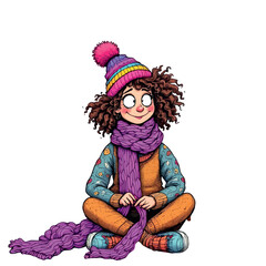 Vsai smiling girl wearing winter clothes and knitting a long scarf