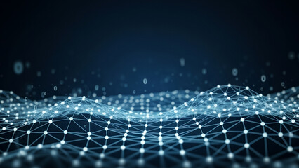 Abstract network structure with connected dots and lines on a dark blue background, forming a complex digital web that emphasizes connectivity, technology, and futuristic design.