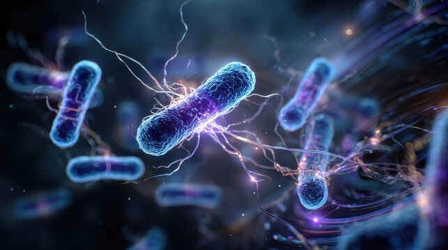 Microscopic Bacteria Cell glowing blue energy filaments dark background