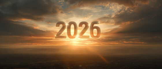 Year 2026 cityscape at sunrise sunset. Perfect for futuristic city themes, technology concepts, urban development, and future oriented designs.