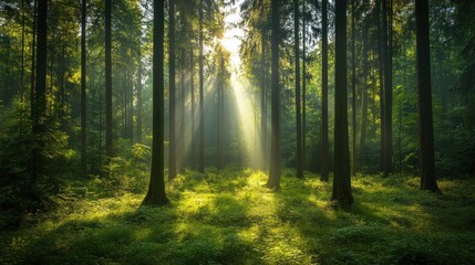 Fototapeta premium Sun rays illuminating a serene forest with vibrant green foliage