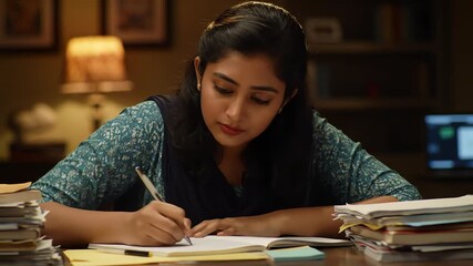 A dedicated young Indian female student studying intently at her desk late at night - Powered by Adobe