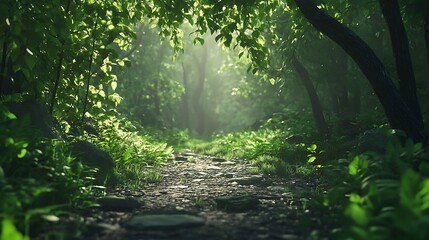 Obraz premium Sunlight filtering through lush forest path surrounded by greenery high resolution picture