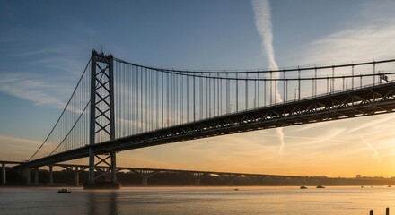Fototapeta premium Sunrise over a suspension bridge spanning a calm river.