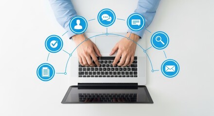 Person typing on laptop with digital network of communication and data icons technology business 1