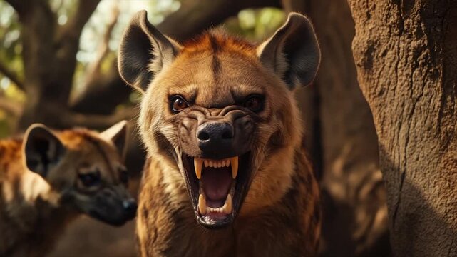 Close-up of a ferocious-looking hyena with bared teeth, set against a backdrop of a forest