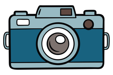 Blue Camera with Lens and Button on a White Background Design