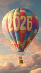 Fototapeta premium Hot air balloon featuring the year 2026. Ideal for new year celebrations, travel, adventure, calendars, and inspiring imagery.