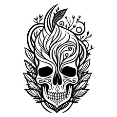 Obraz premium Ornate skull encircled by flourishing botanical elements creating a captivating monochrome design