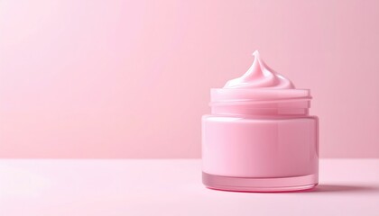 Swirl of pink cream in a clear jar, set against a soft pink background, evokes beauty and skincare in a minimalist aesthetic
