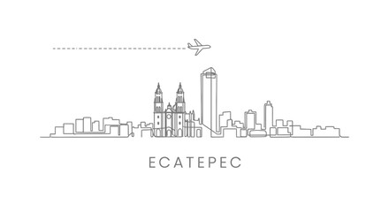 Ecatepec Mexico Skyline with Plane, and Line Art.