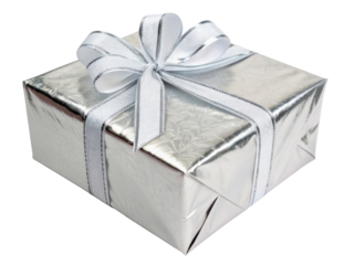 Shiny silver gift box with decorative bow and ribbon, perfect for celebrations and special occasions, radiating joy and excitement