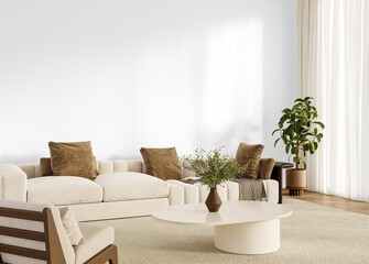 Transparent PNG cutout modern sofa with cushions, lounge chair, round coffee table and potted plant, isolated interior furniture with shadow for seasonal decoration