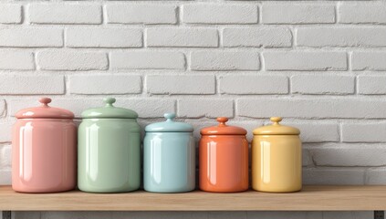 Colorful ceramic jars of varying sizes stand in a row on a wooden shelf against a white brick wall