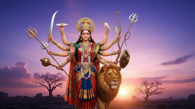 Maa durga the divine warrior goddess powerfully depicted on her majestic lion during navratri puja embodying strength and devotion
