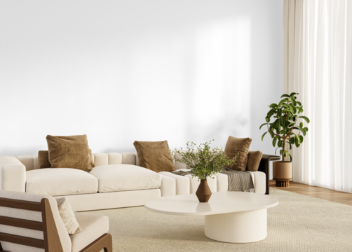 Transparent PNG cutout modern sofa with cushions, lounge chair, round coffee table and potted plant, isolated interior furniture with shadow for seasonal decoration