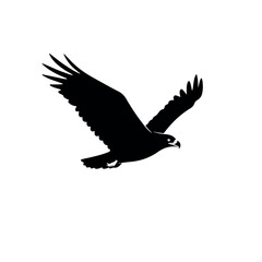Fototapeta premium A majestic black eagle soars gracefully with its wings spread wide, captured as a clean, minimalist 2D flat vector illustration from a side view, isolated on a pristine white background.