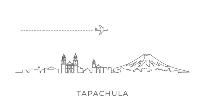 Tapachula Skyline with Plane, Travel, and Minimalist Art.