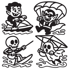 Coloring book page with transparency featuring vampire skeleton ghost cartoon water sport