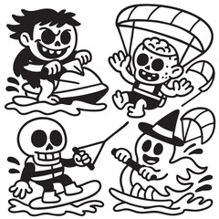 Coloring book page with skeletons and ghost enjoying water sports with transparency effect