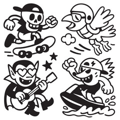 Coloring book page with transparency featuring cartoon skateboarder bird vampire and jet ski