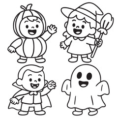 Coloring book page with transparency featuring happy children Halloween costumes for coloring fun