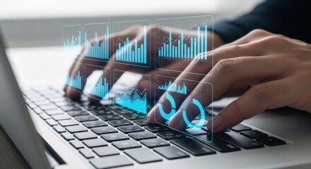 Person typing on laptop with holographic blue data charts and graphs overlay technology analytics