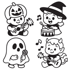 Coloring book page with transparency features cute children in Halloween costumes playing music