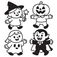 Coloring book page with transparency featuring happy children witch ghost pumpkin and vampire
