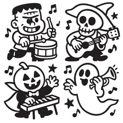 Coloring book page with transparency featuring happy Halloween characters playing musical
