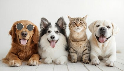 group of dogs and cat happy gathered together taking a selfie