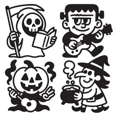 Coloring book page featuring transparency with cheerful Halloween characters including skeleton