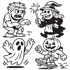 Coloring book page with transparency featuring witch, ghost, pumpkin, and monster characters