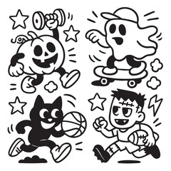 Coloring book page with transparency featuring pumpkin ghost cat and monster playful activities