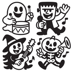 Coloring book page featuring transparency with happy ghost drumming and monster singing
