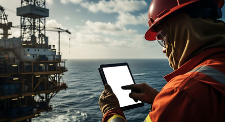An oil and gas industry worker in safety gear uses a digital tablet on an offshore drilling rig.