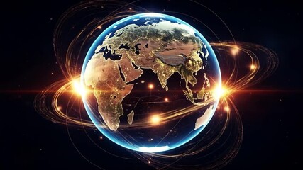 Digital earth spinning with interconnected light trails. Global communication network concept for technology and business footage. - Powered by Adobe