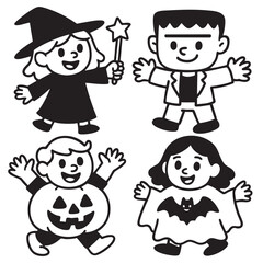 Coloring book page with transparency features happy children in Halloween costumes