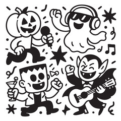 Coloring book page with transparency featuring pumpkin head ghost vampire and monster fun party