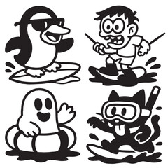 Coloring book page featuring transparency effect with surfing penguin boy cat and ghost