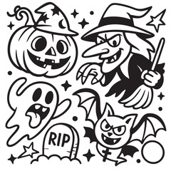 Coloring book page with Halloween witch pumpkin ghost bat and transparency for creative fun