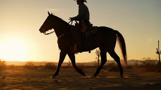 Cinematic western scene of a cowboy on horseback riding slowly through the sandy desert at sunrise