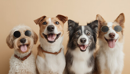 group of dogs and cat happy gathered together taking a selfie