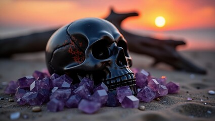 Dark skull with amethyst crystals on beach at sunset