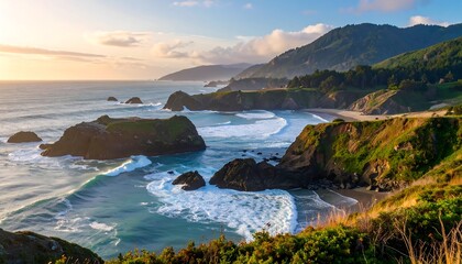 Obraz premium A coastal vista displays ocean waves crashing against rocky outcrops and a sandy cove nestled amidst lush green hills and mountains under a partly cloudy sky, illuminated by soft sunlight