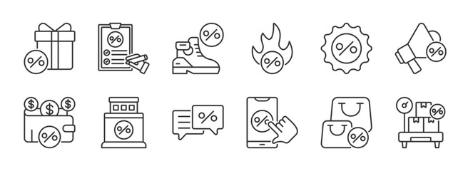 Discount icon set collection. Containing Sale, percentage, price reduction, black friday, coupon, purchase, shop, store, promotion and more. Illustration EPS 10