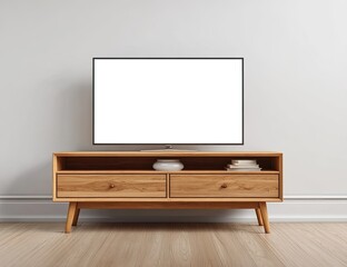 A flat-screen TV sits atop a light-brown wooden cabinet in a simple, modern living room