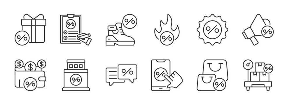 Discount icon set collection. Containing Sale, percentage, price reduction, black friday, coupon, purchase, shop, store, promotion and more. Illustration EPS 10